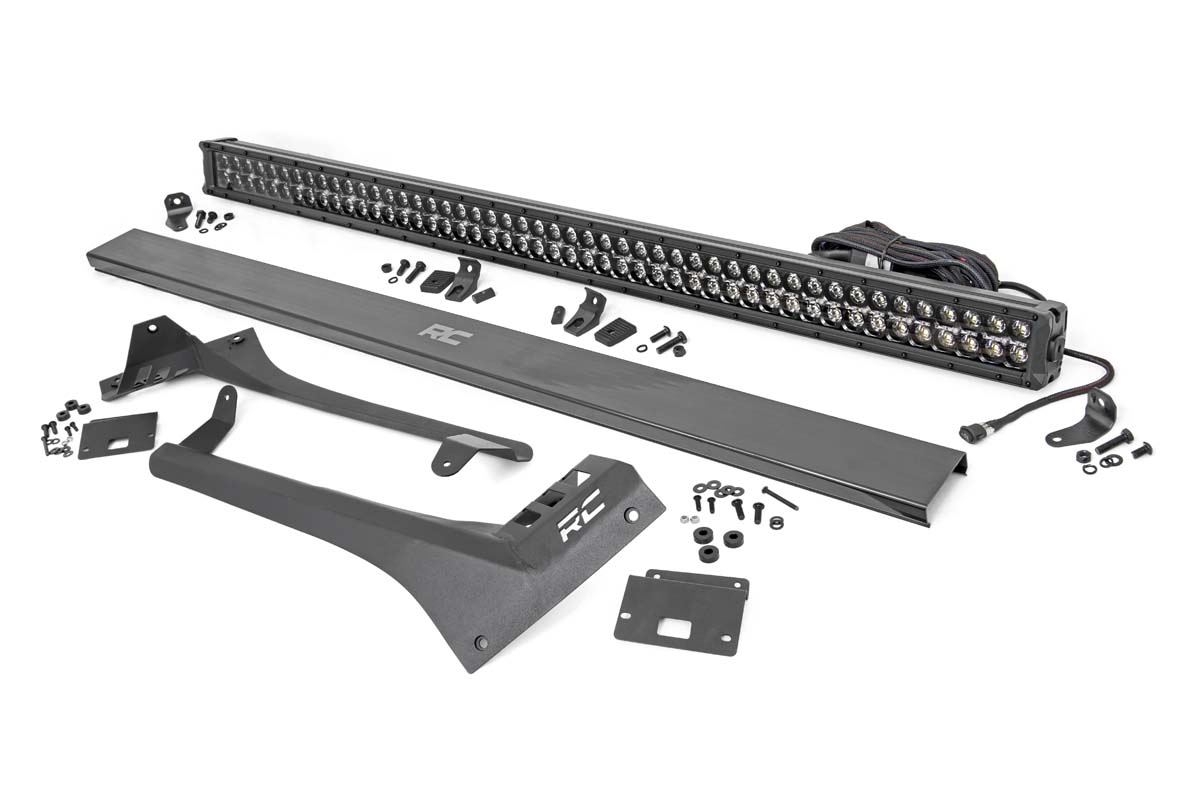 Rough Country Jeep 50-inch Straight LED Light Bar Upper Windshield Kit w/ Dual-Row Black Series LED; White DRL (2020 Gladiator JT, 18-20 Wrangler JL)